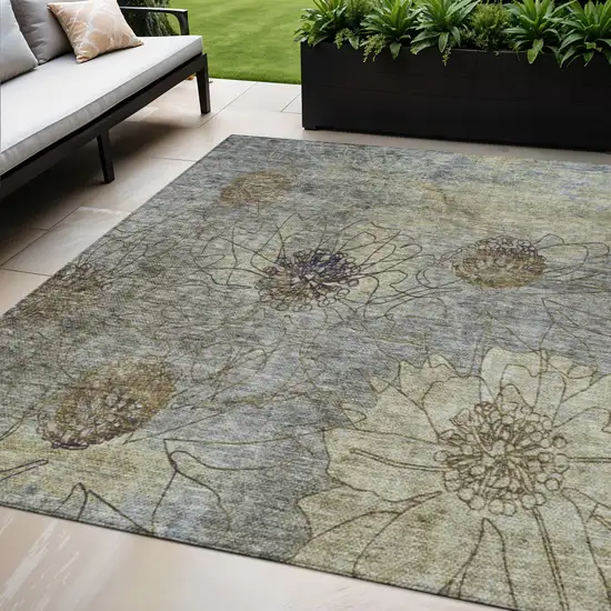 Pewter And Beige Floral Washable Indoor Outdoor Area Rug Photo 1