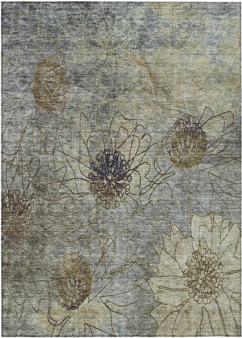 Pewter And Beige Floral Washable Indoor Outdoor Area Rug Photo 2