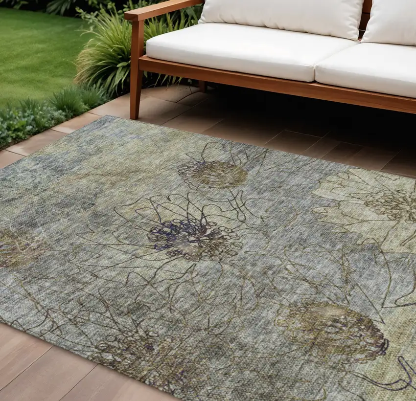 Pewter And Beige Floral Washable Indoor Outdoor Area Rug Photo 1