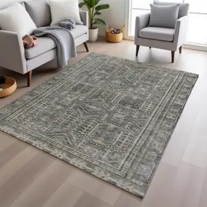 Photo of Pewter And Beige Geometric Washable Indoor Outdoor Area Rug