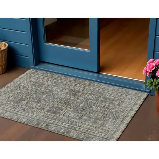 Pewter And Beige Geometric Washable Indoor Outdoor Area Rug Photo 2
