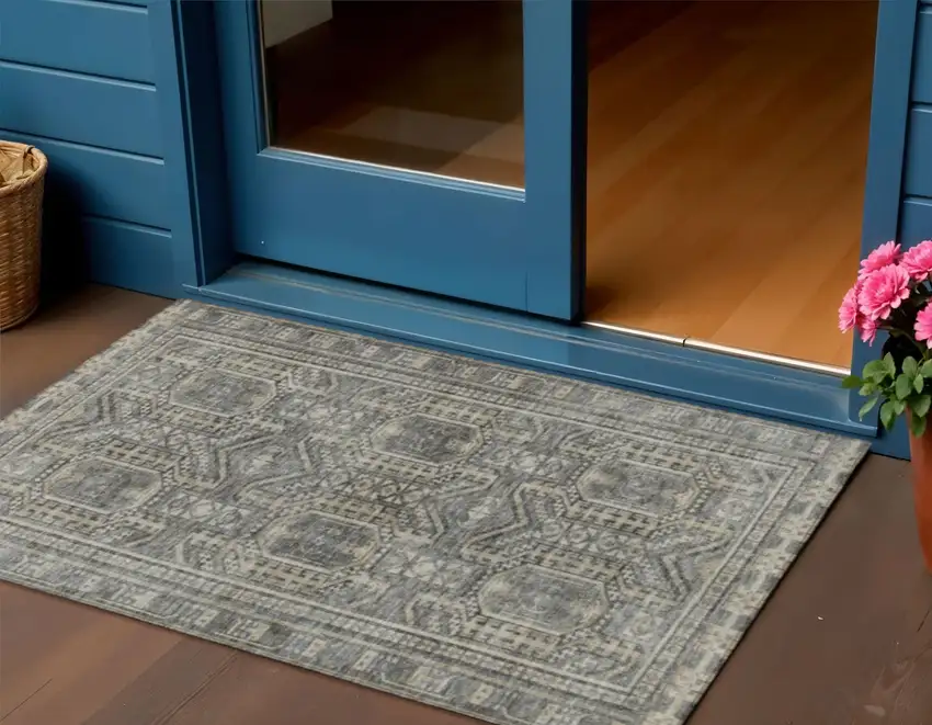 Pewter And Beige Geometric Washable Indoor Outdoor Area Rug Photo 2