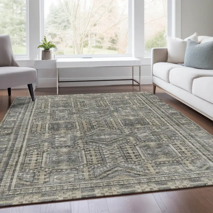 Pewter And Beige Geometric Washable Indoor Outdoor Area Rug Photo 6