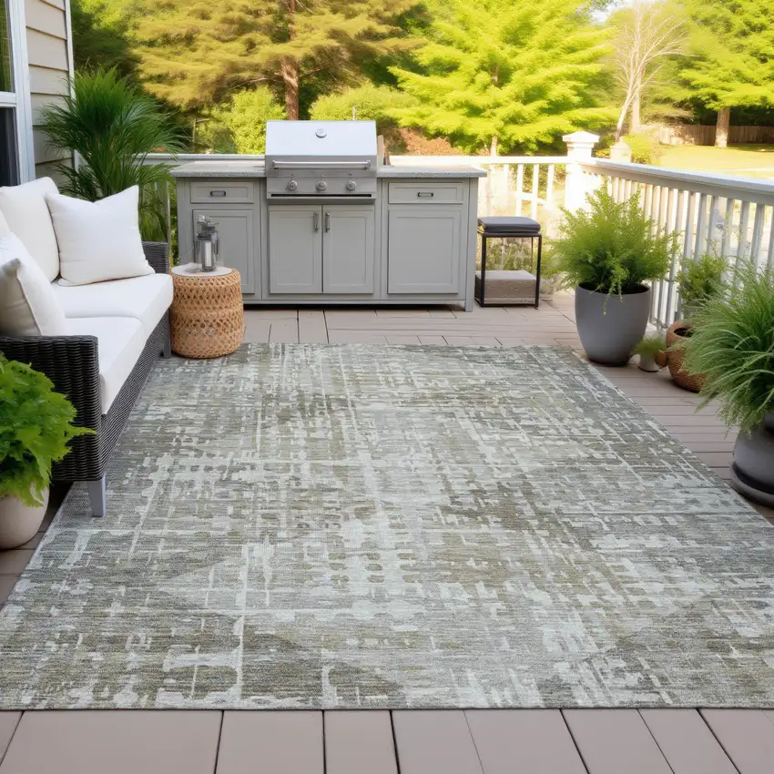 Pewter And Beige Geometric Washable Indoor Outdoor Area Rug Photo 5