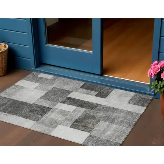 Pewter And Black Geometric Washable Indoor Outdoor Area Rug Photo 1
