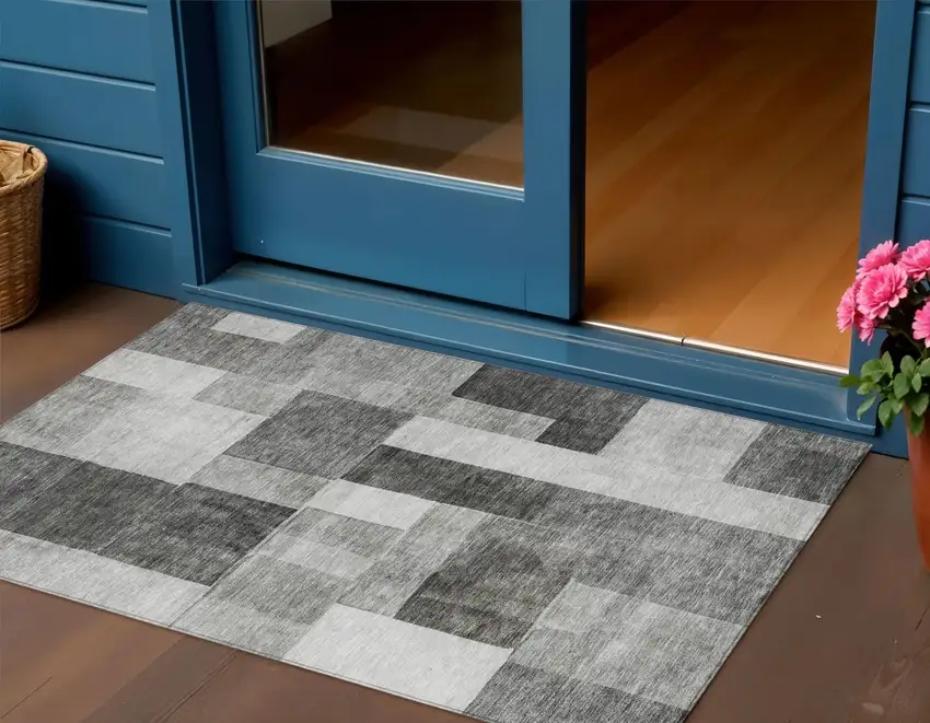 Pewter And Black Geometric Washable Indoor Outdoor Area Rug Photo 1