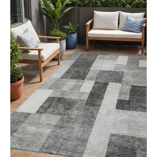 Pewter And Black Geometric Washable Indoor Outdoor Area Rug Photo 1