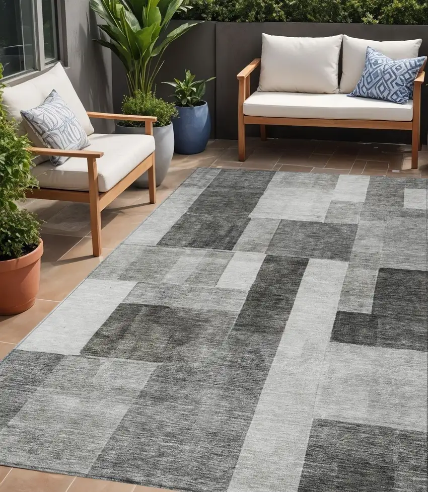 Pewter And Black Geometric Washable Indoor Outdoor Area Rug Photo 1