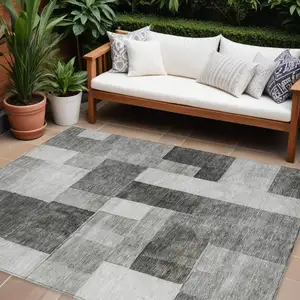 Photo of Pewter And Black Geometric Washable Indoor Outdoor Area Rug