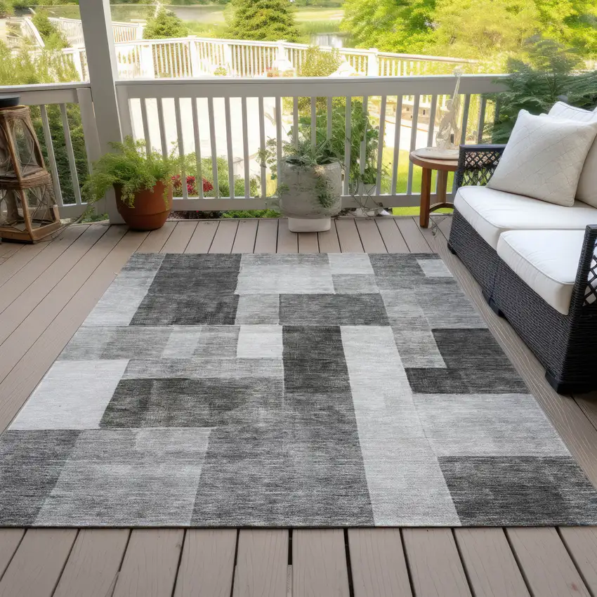 Pewter And Black Geometric Washable Indoor Outdoor Area Rug Photo 9