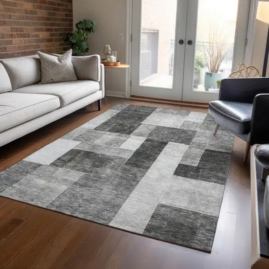 Pewter And Black Geometric Washable Indoor Outdoor Area Rug Photo 9