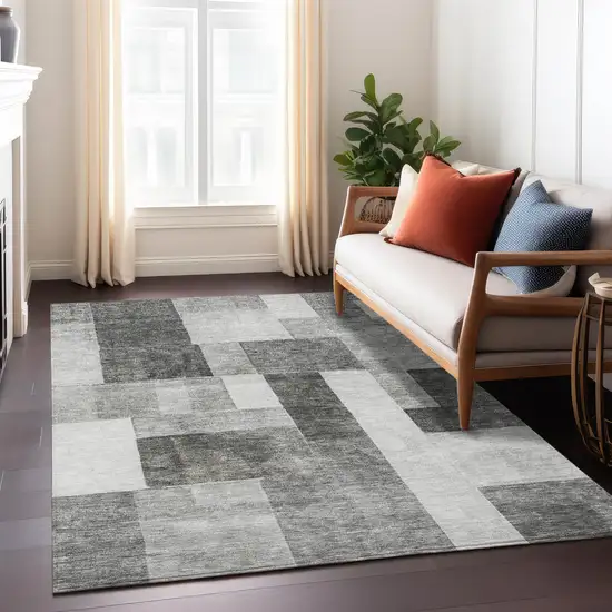 Pewter And Black Geometric Washable Indoor Outdoor Area Rug Photo 9