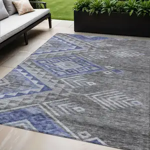 Photo of Pewter And Blue Southwestern Washable Indoor Outdoor Area Rug