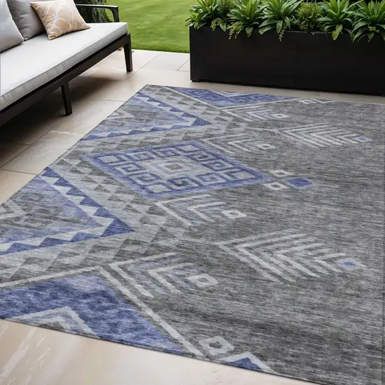 Pewter And Blue Southwestern Washable Indoor Outdoor Area Rug Photo 1
