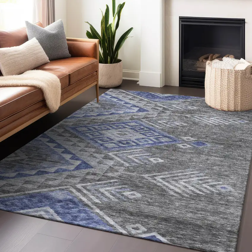 Pewter And Blue Southwestern Washable Indoor Outdoor Area Rug Photo 7