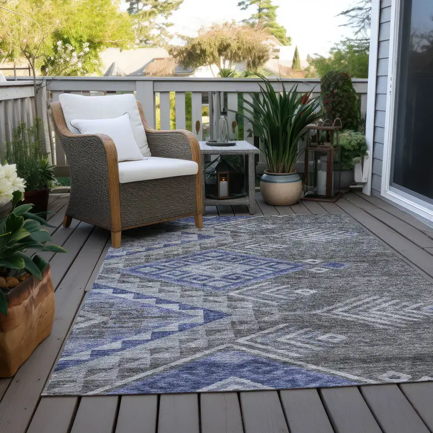 Pewter And Blue Southwestern Washable Indoor Outdoor Area Rug Photo 9