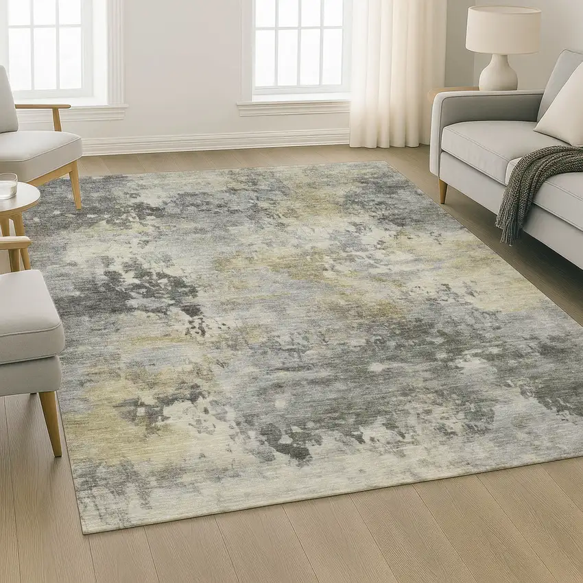 Pewter And Charcoal Abstract Washable Area Rug With UV Protection Photo 5