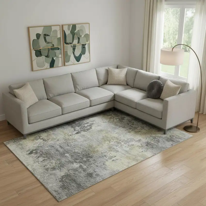 Pewter And Charcoal Abstract Washable Area Rug With UV Protection Photo 2