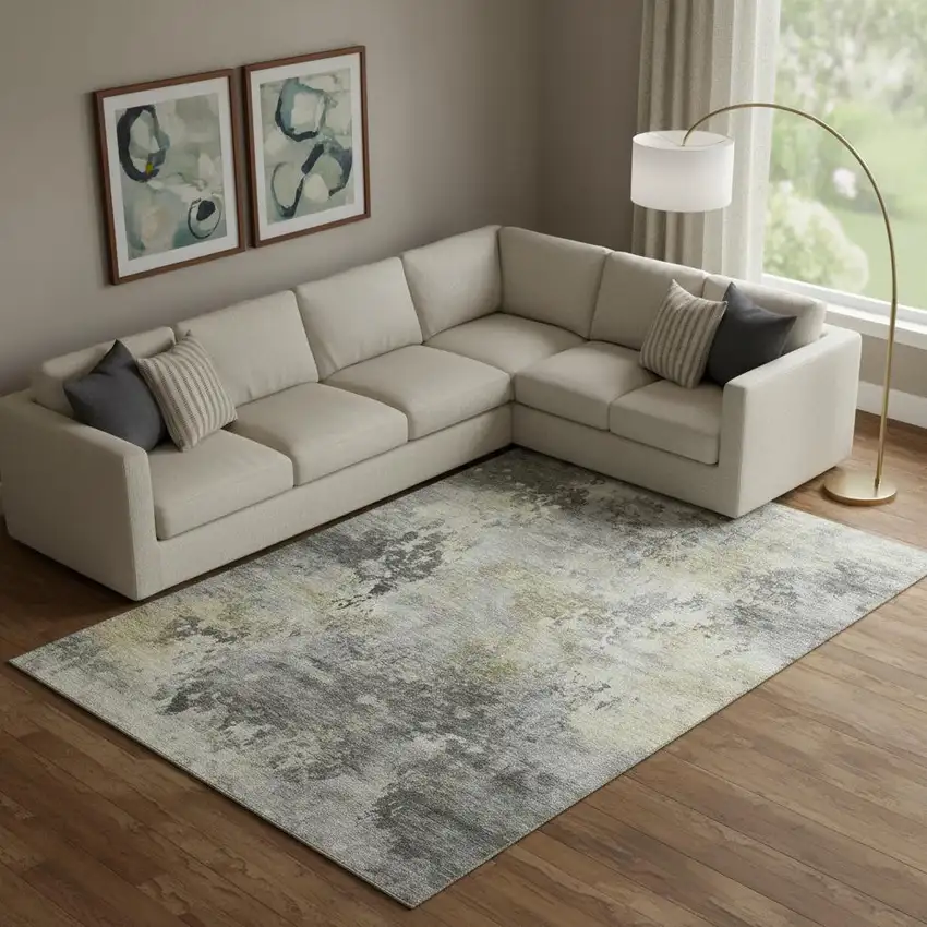 Pewter And Charcoal Abstract Washable Area Rug With UV Protection Photo 2