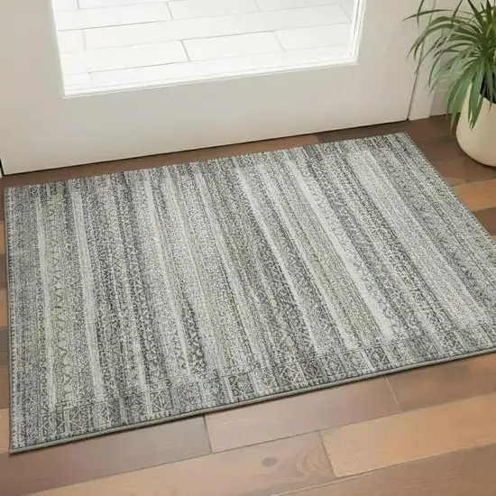 Pewter And Charcoal Striped Washable Area Rug With UV Protection Photo 2