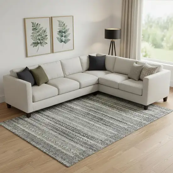 Pewter And Charcoal Striped Washable Area Rug With UV Protection Photo 2