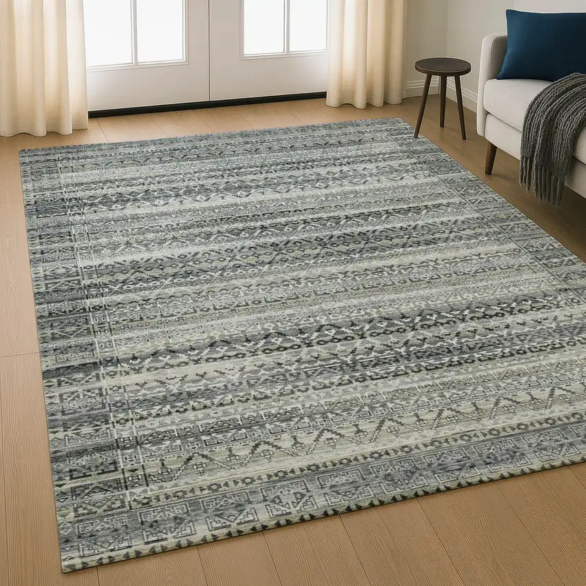 Pewter And Charcoal Striped Washable Area Rug With UV Protection Photo 5