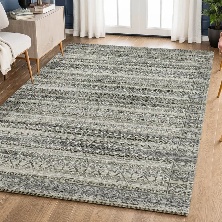 Pewter And Charcoal Striped Washable Area Rug With UV Protection Photo 6