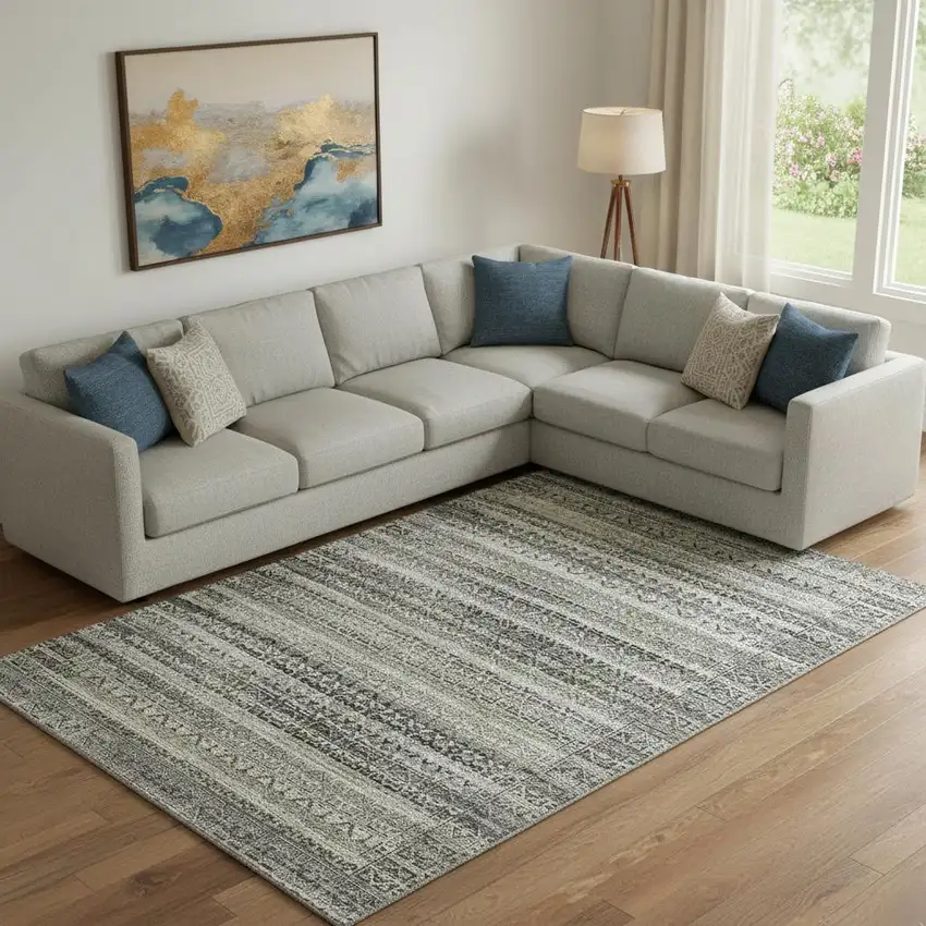 Pewter And Charcoal Striped Washable Area Rug With UV Protection Photo 2