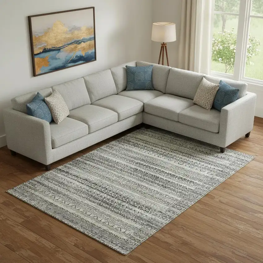 Pewter And Charcoal Striped Washable Area Rug With UV Protection Photo 2