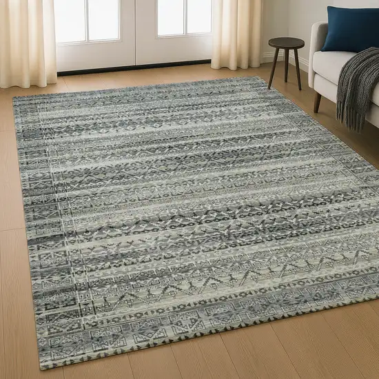 Pewter And Charcoal Striped Washable Area Rug With UV Protection Photo 5
