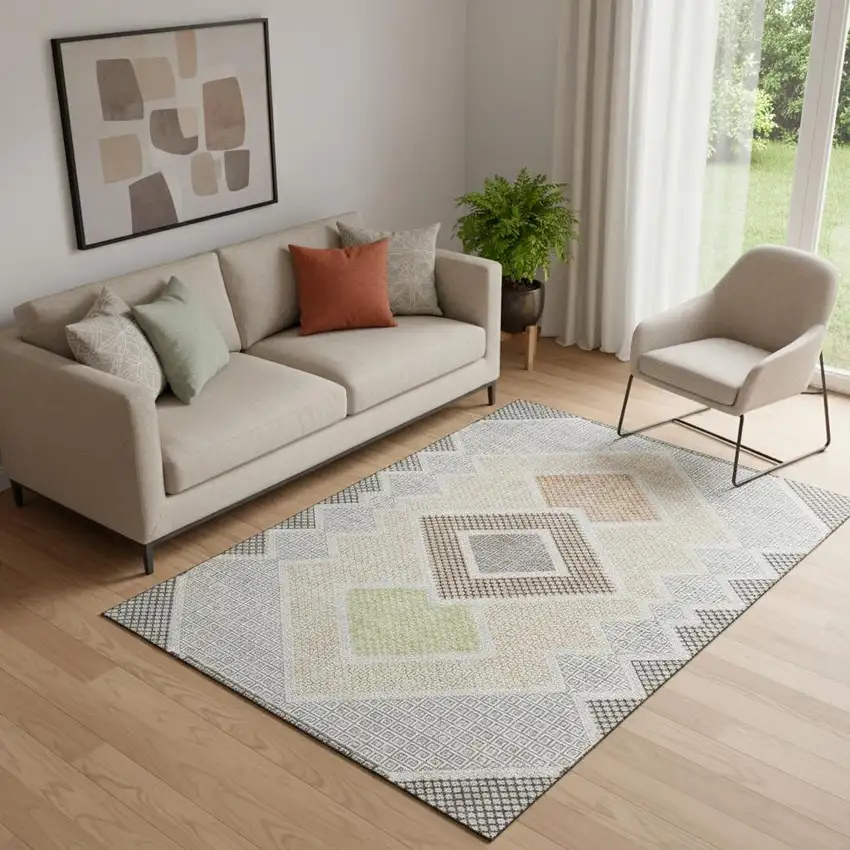 Pewter And Copper Geometric Washable Area Rug With UV Protection Photo 2