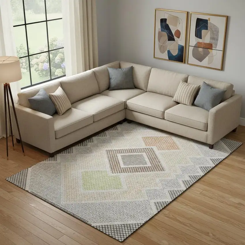 Pewter And Copper Geometric Washable Area Rug With UV Protection Photo 2