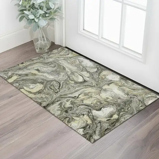 Pewter And Gold Abstract Washable Area Rug With UV Protection Photo 2