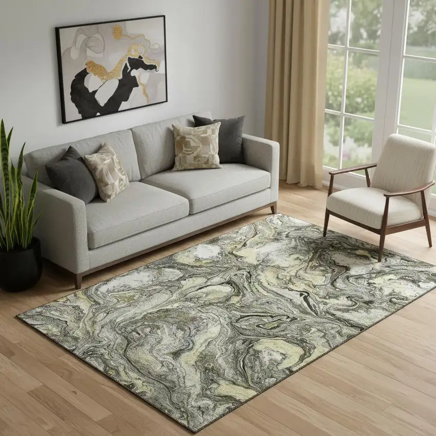 Pewter And Gold Abstract Washable Area Rug With UV Protection Photo 2