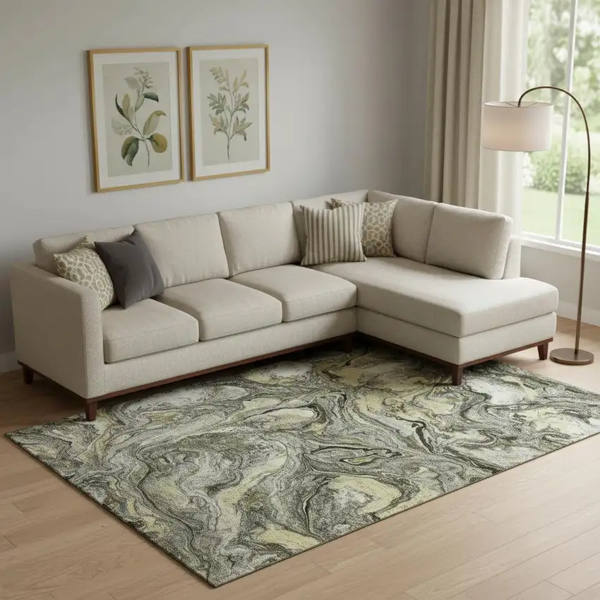 Pewter And Gold Abstract Washable Area Rug With UV Protection Photo 2