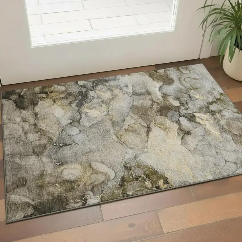 Pewter And Gold Abstract Washable Area Rug With UV Protection Photo 2