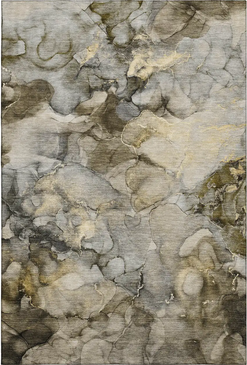 Pewter And Gold Abstract Washable Area Rug With UV Protection Photo 1