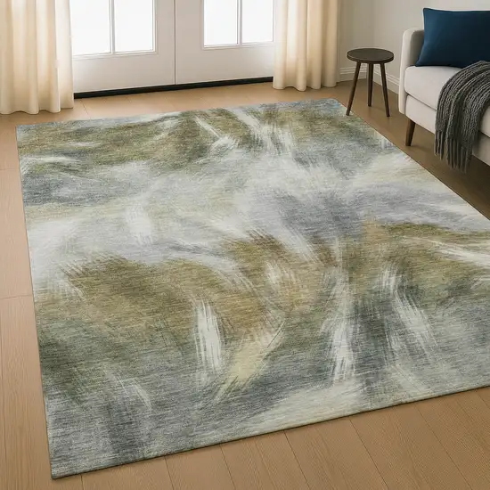 Pewter And Gold Abstract Washable Area Rug With UV Protection Photo 5