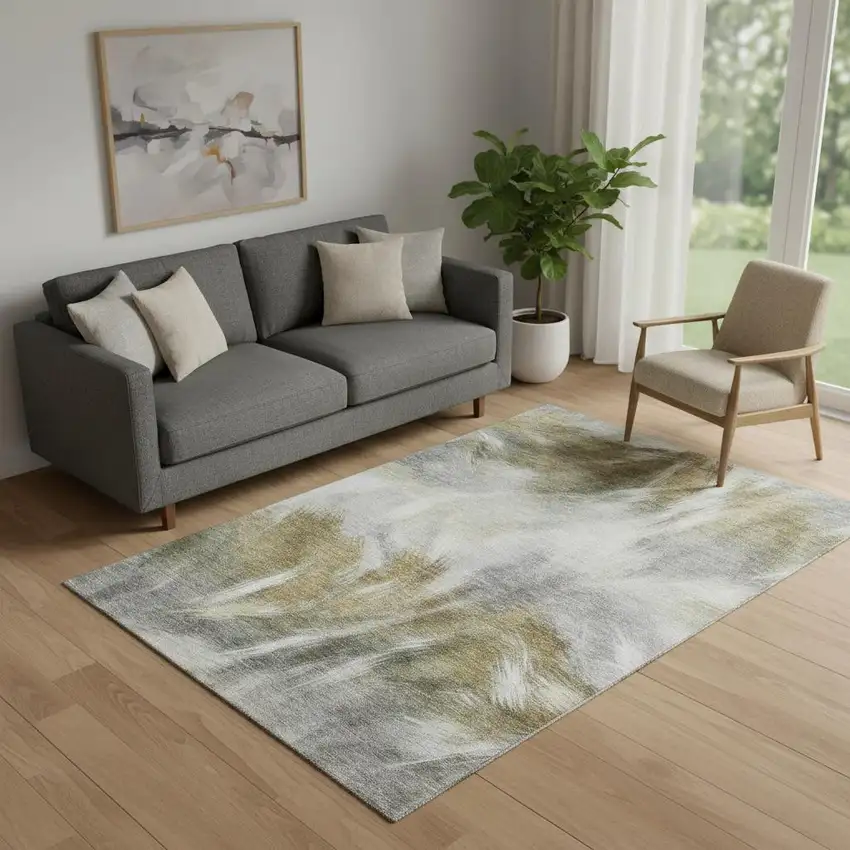 Pewter And Gold Abstract Washable Area Rug With UV Protection Photo 2