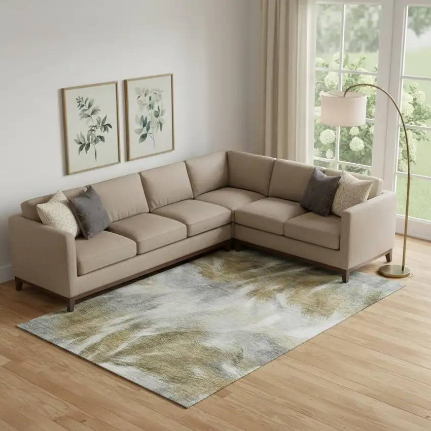 Pewter And Gold Abstract Washable Area Rug With UV Protection Photo 2