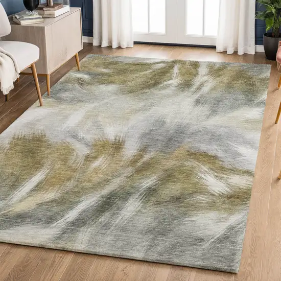 Pewter And Gold Abstract Washable Area Rug With UV Protection Photo 6