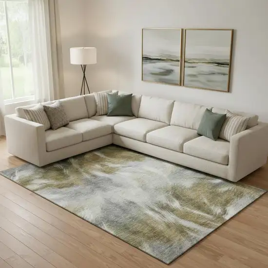 Pewter And Gold Abstract Washable Area Rug With UV Protection Photo 2