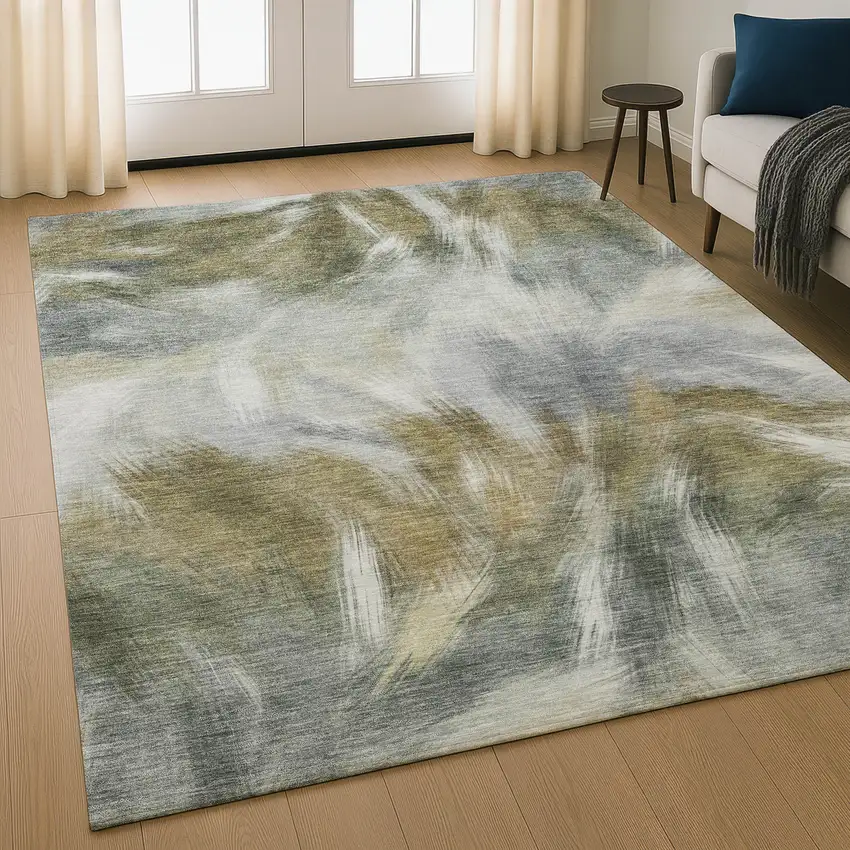 Pewter And Gold Abstract Washable Area Rug With UV Protection Photo 5