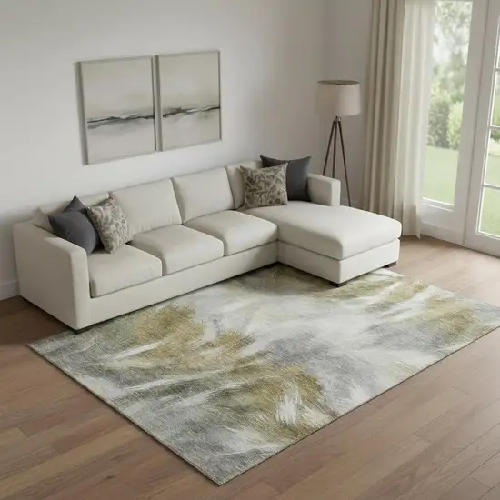 Pewter And Gold Abstract Washable Area Rug With UV Protection Photo 2