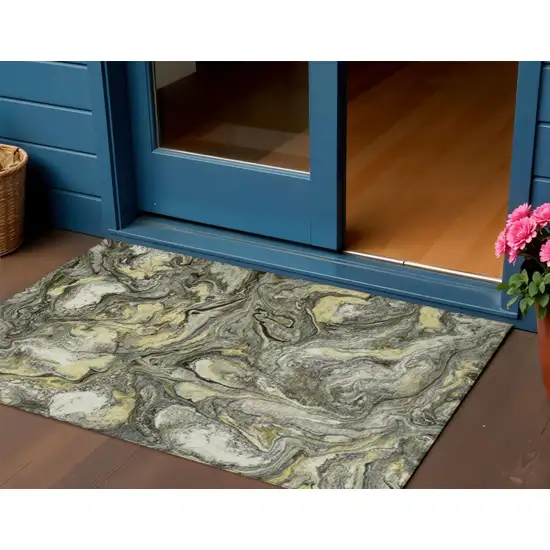 Pewter And Gold Abstract Washable Indoor Outdoor Area Rug Photo 2