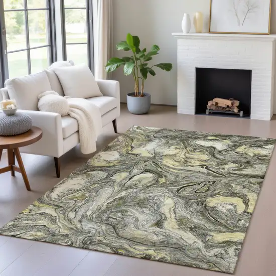 Pewter And Gold Abstract Washable Indoor Outdoor Area Rug Photo 5
