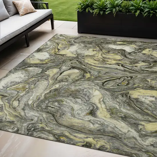 Pewter And Gold Abstract Washable Indoor Outdoor Area Rug Photo 2