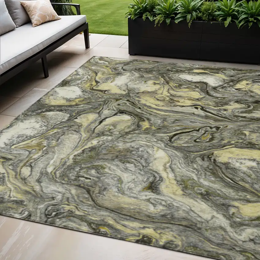 Pewter And Gold Abstract Washable Indoor Outdoor Area Rug Photo 2