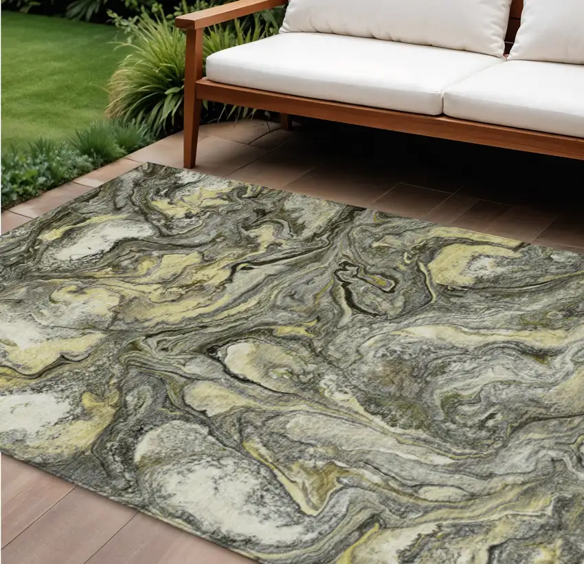 Pewter And Gold Abstract Washable Indoor Outdoor Area Rug Photo 2