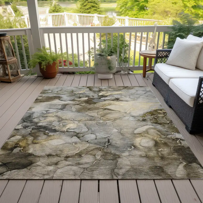 Pewter And Gold Abstract Washable Indoor Outdoor Area Rug Photo 9